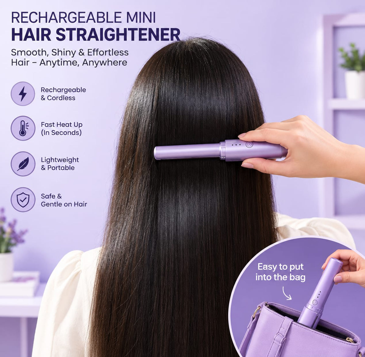 Rechargeable Mini Hair Straightener – Portable Cordless Hair Styling & Touch-Up Comb