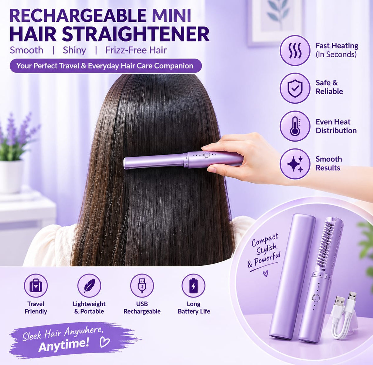 Rechargeable Mini Hair Straightener – Portable Cordless Hair Styling & Touch-Up Comb